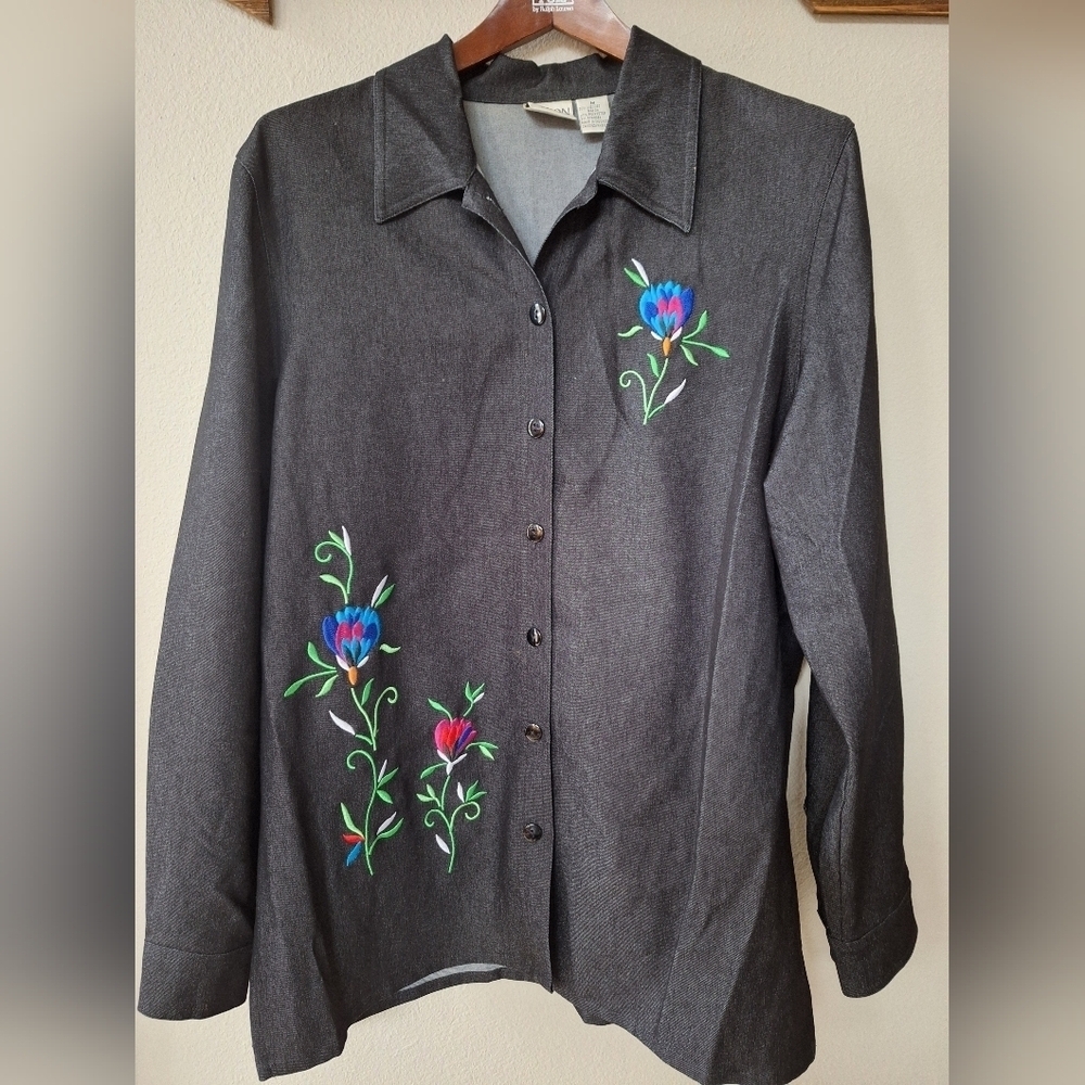 Vintage Allison Daley Black Floral Embroidered Button Down Shirt Women's Size M